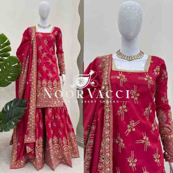Shimmer Silk Real Mirror Work Sharara Set with Dupatta - Image 4