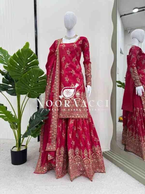 Shimmer Silk Real Mirror Work Sharara Set with Dupatta - Image 5