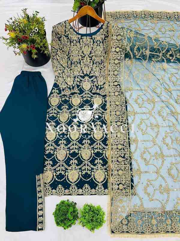 Heavy Faux Georgette Embroidered Partywear Top-Plazzo Set with Dupatta - Image 7
