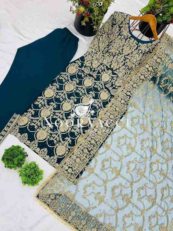 Heavy Faux Georgette Embroidered Partywear Top-Plazzo Set with Dupatta - Image 8