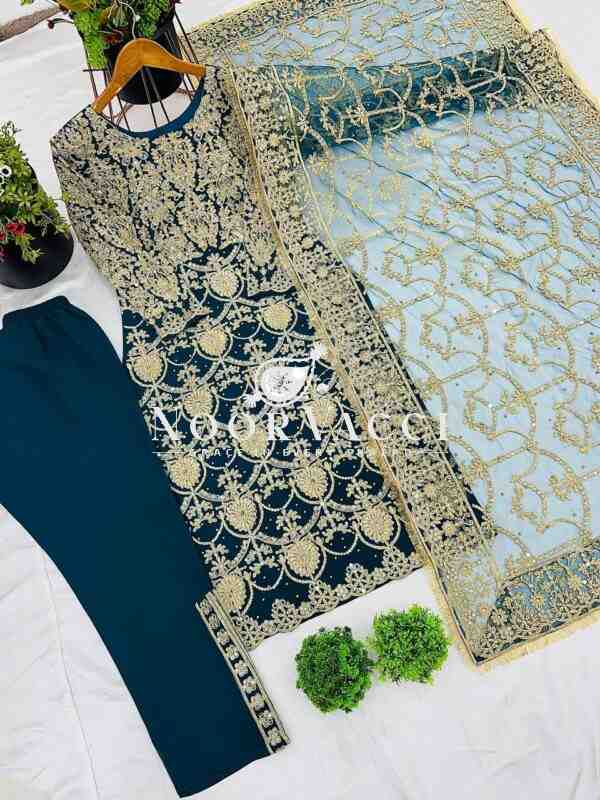 Heavy Faux Georgette Embroidered Partywear Top-Plazzo Set with Dupatta - Image 9