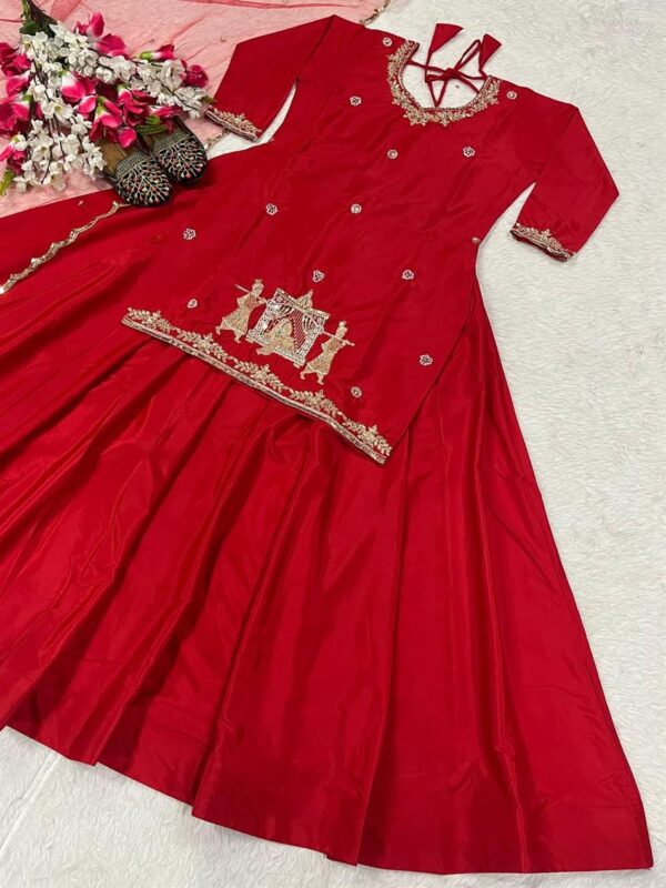 Shop Natural Crepe Silk Embroidered Top & Lehenga Set with Net Dupatta – Full Stitched Elegance - Image 6