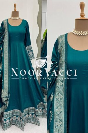 Shop Satin Silk Anarkali Flair Suit with Jacquard Silk Dupatta