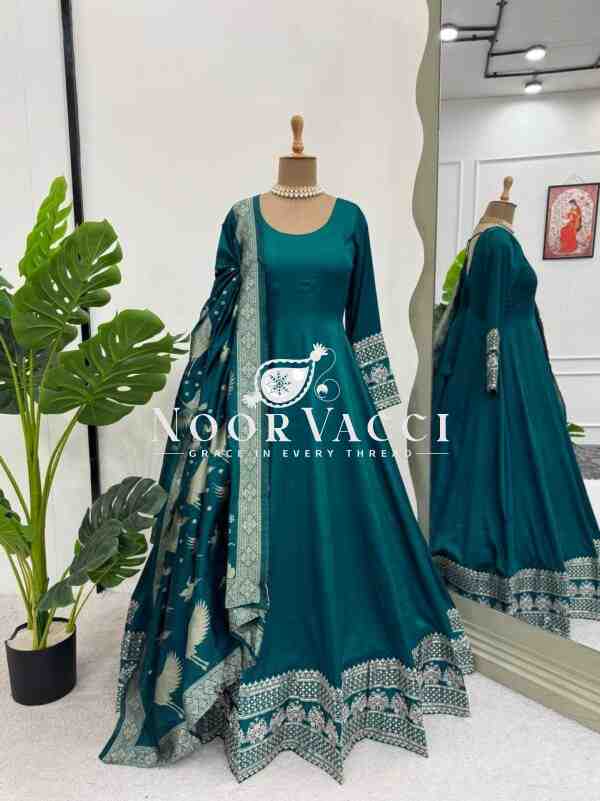 Satin Silk Anarkali Flair Suit with Jacquard Silk Dupatta - Image 4