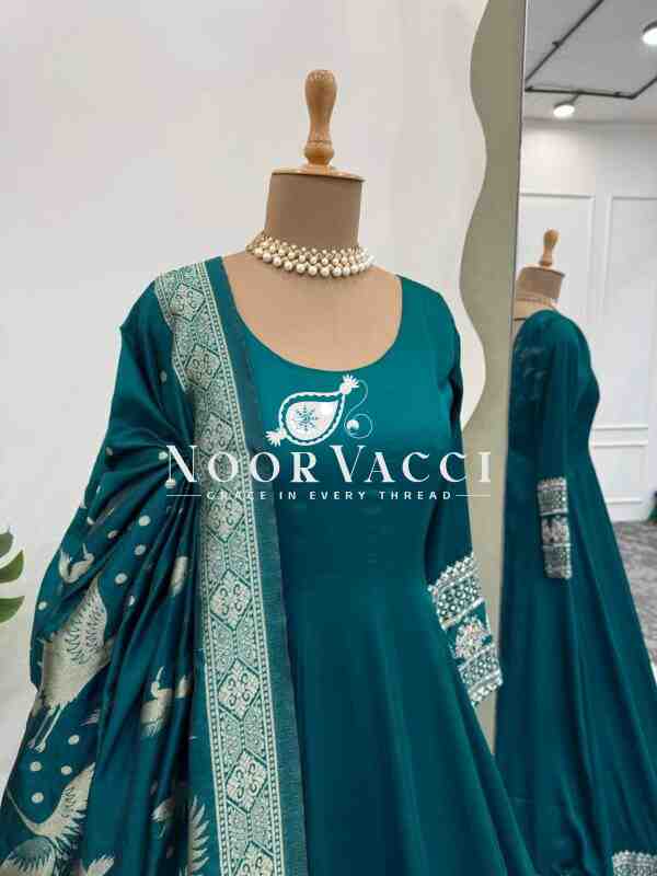 Satin Silk Anarkali Flair Suit with Jacquard Silk Dupatta - Image 5