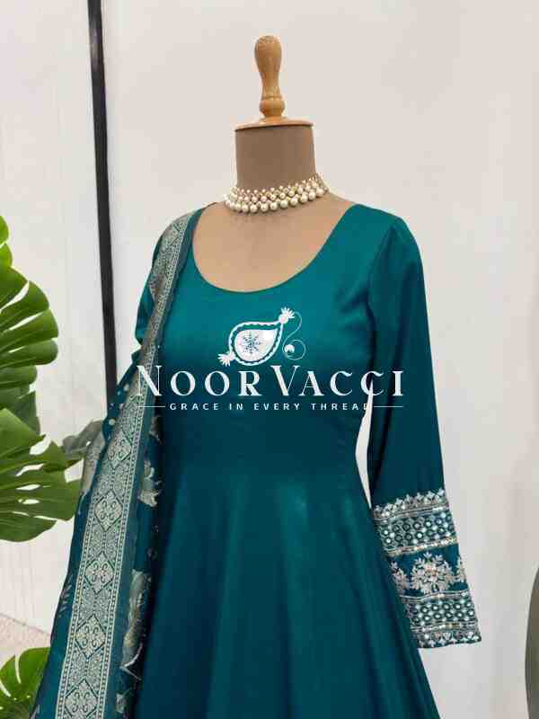 Satin Silk Anarkali Flair Suit with Jacquard Silk Dupatta - Image 6