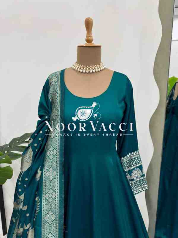 Satin Silk Anarkali Flair Suit with Jacquard Silk Dupatta - Image 7