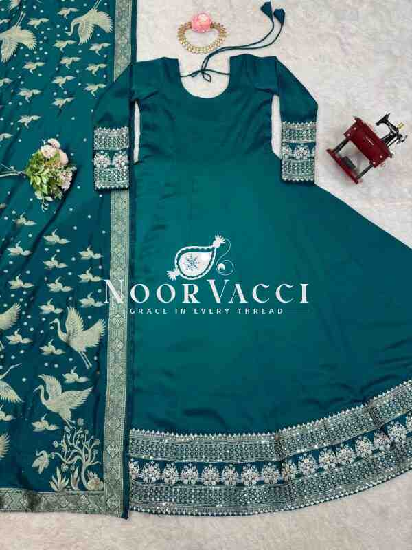 Satin Silk Anarkali Flair Suit with Jacquard Silk Dupatta - Image 9