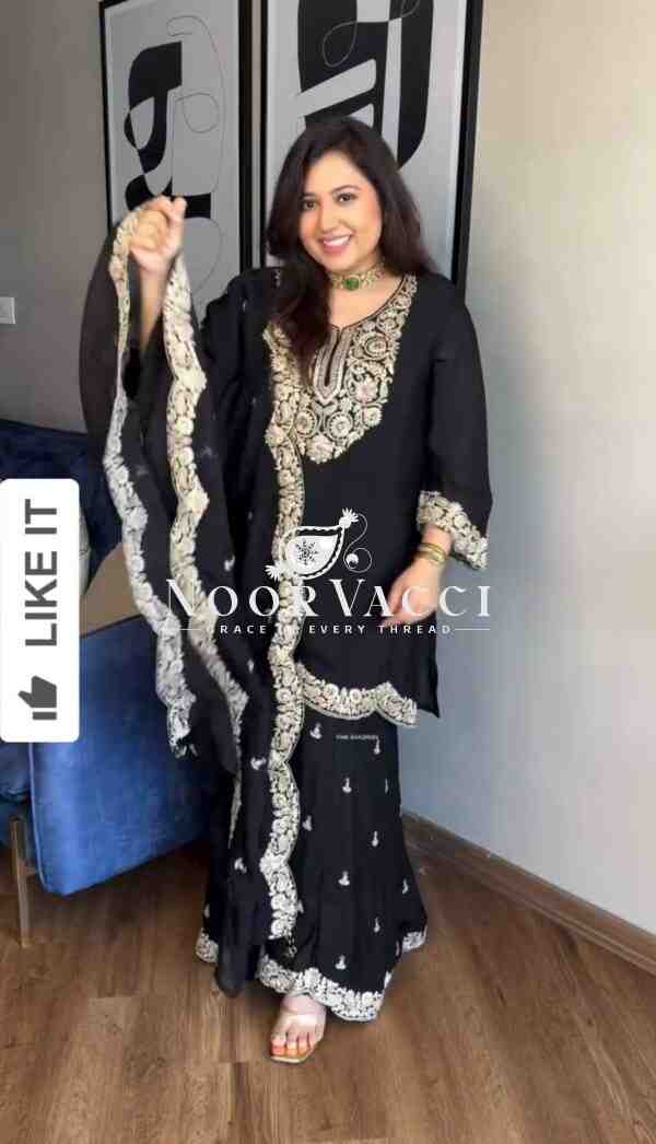 Pure Chinnon Silk Embroidered Plazzo Set with Dupatta - Image 3