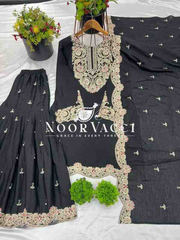 Pure Chinnon Silk Embroidered Plazzo Set with Dupatta - Image 5