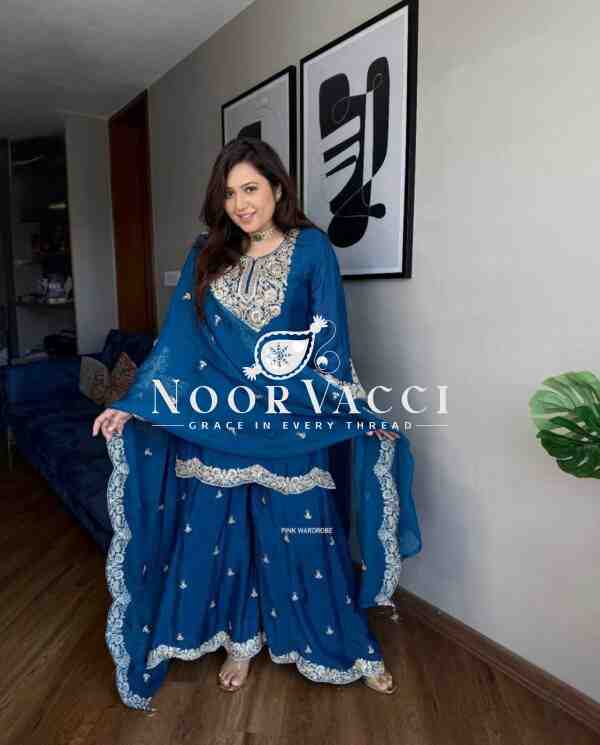 Pure Chinnon Silk Embroidered Plazzo Set with Dupatta