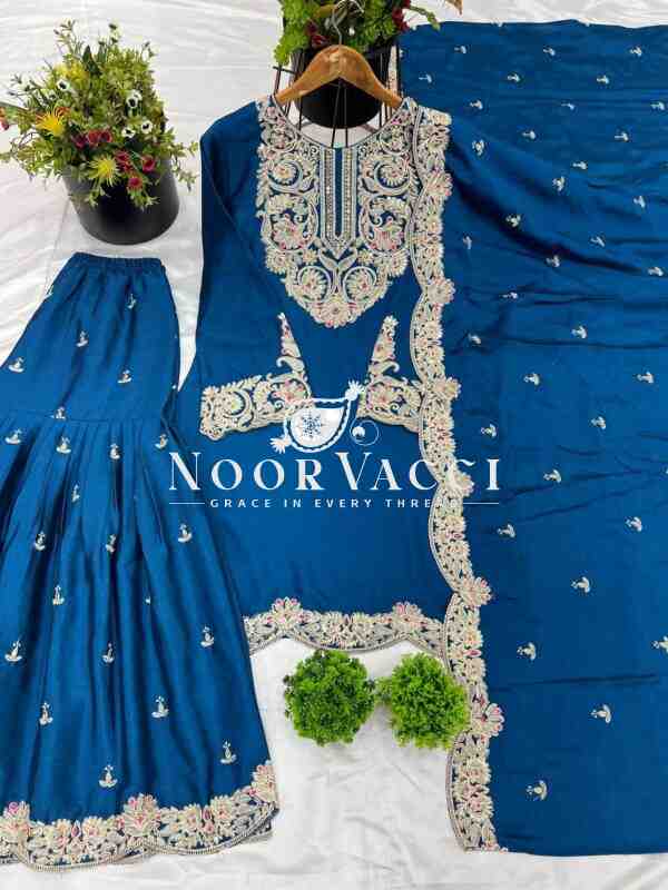 Pure Chinnon Silk Embroidered Plazzo Set with Dupatta - Image 2