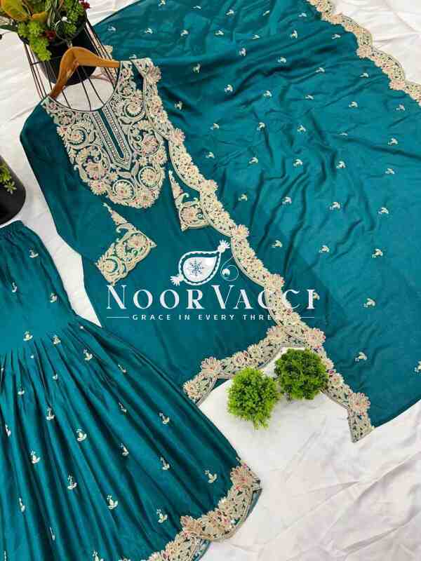 Pure Chinnon Silk Embroidered Plazzo Set with Dupatta - Image 3