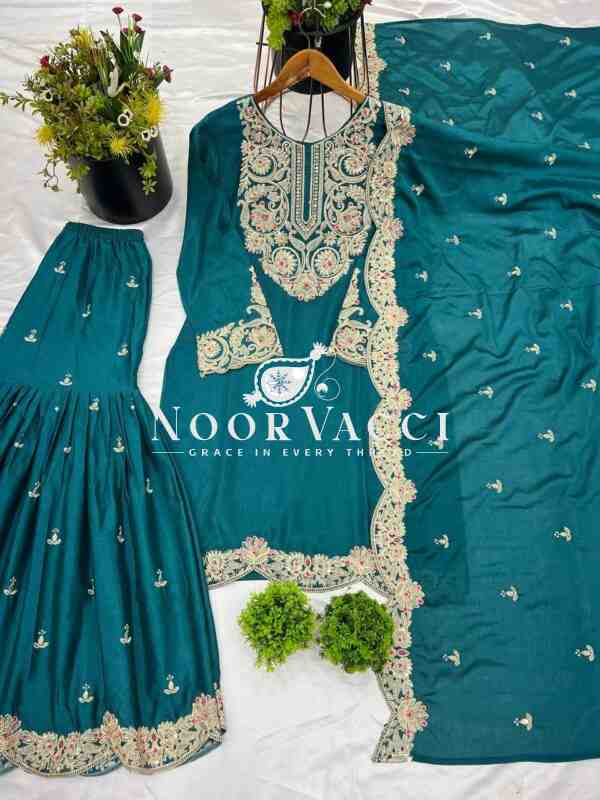 Pure Chinnon Silk Embroidered Plazzo Set with Dupatta - Image 2