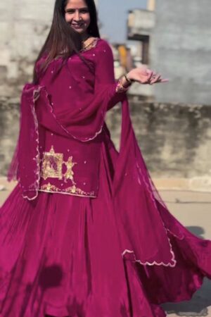 Buy Natural Crepe Silk Embroidered Top & Lehenga Set with Net Dupatta – Full Stitched Elegance