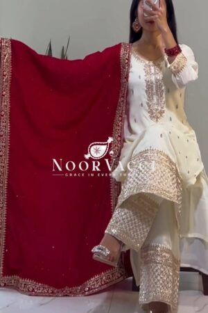 Shop Chinnon Silk Embroidered Pant Set with Dupatta