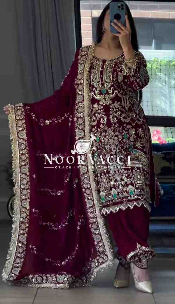 Natural Crepe Embroidered Top with Dhoti Salwar & Dupatta – Full Stitched Party Ensemble