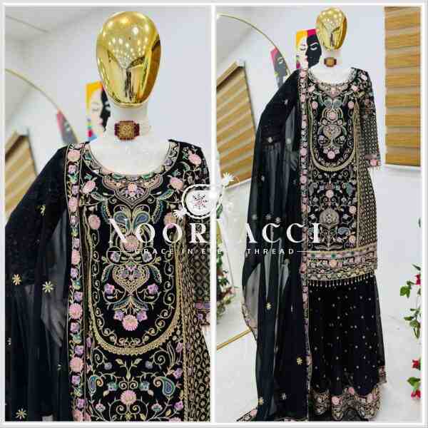 Fox Georgette Embroidered Party Top Pallazo & Dupatta Set - Image 3