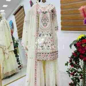 Fox Georgette Embroidered Party Top Pallazo & Dupatta Set