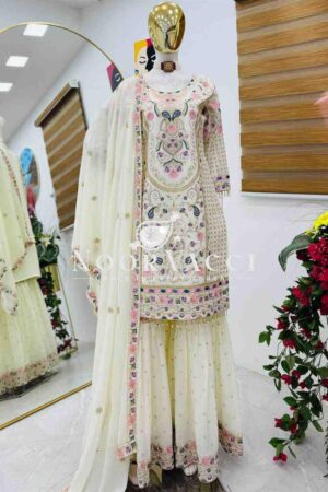 Shop Fox Georgette Embroidered Party Top Pallazo & Dupatta Set