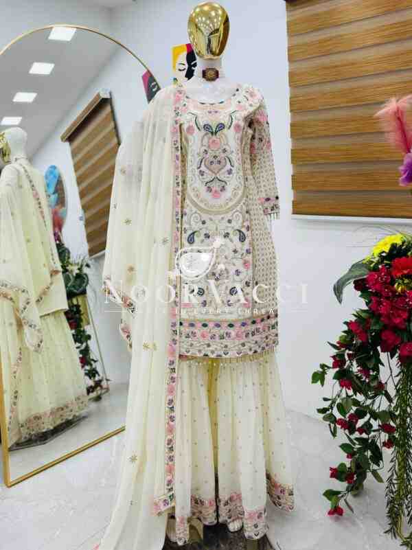 Fox Georgette Embroidered Party Top Pallazo & Dupatta Set