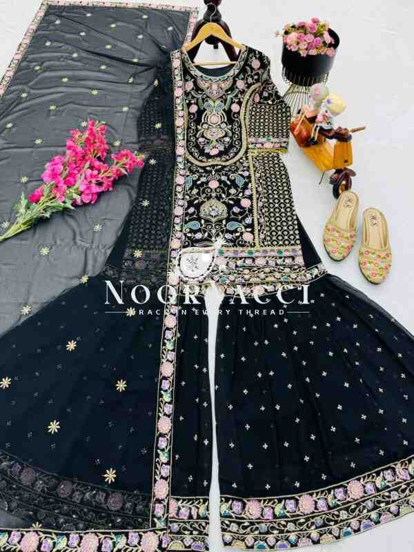 Fox Georgette Embroidered Party Top Pallazo & Dupatta Set - Image 5