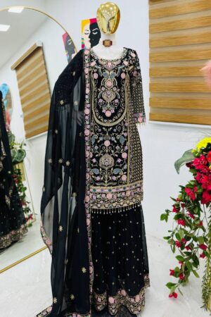 Buy Fox Georgette Embroidered Party Top Pallazo & Dupatta Set