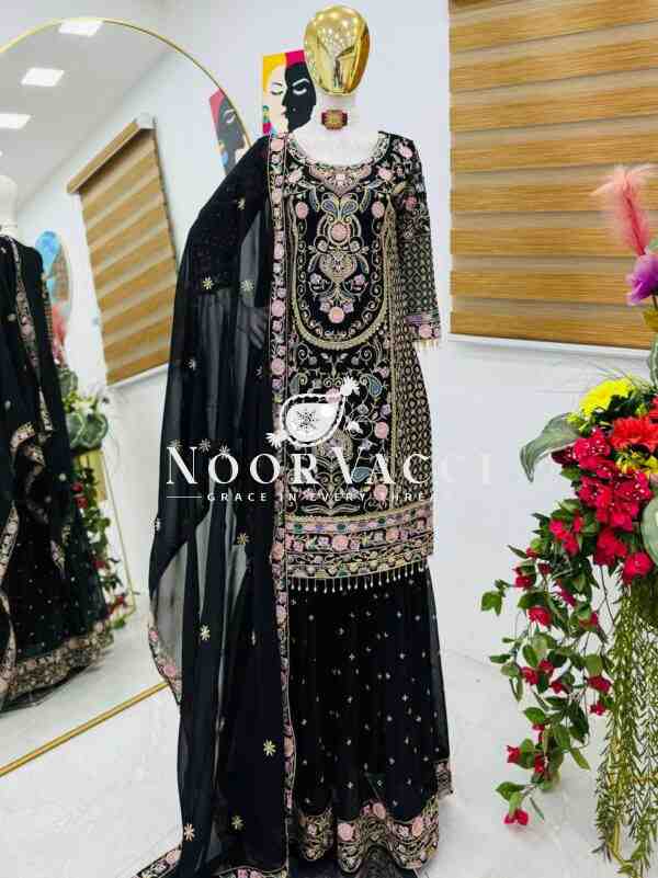 Fox Georgette Embroidered Party Top Pallazo & Dupatta Set