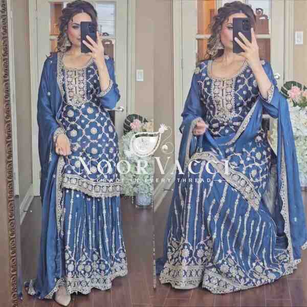 Elegant Chinnon Silk Plazzo Suit with Heavy Coding Sequence Embroidery - Image 2
