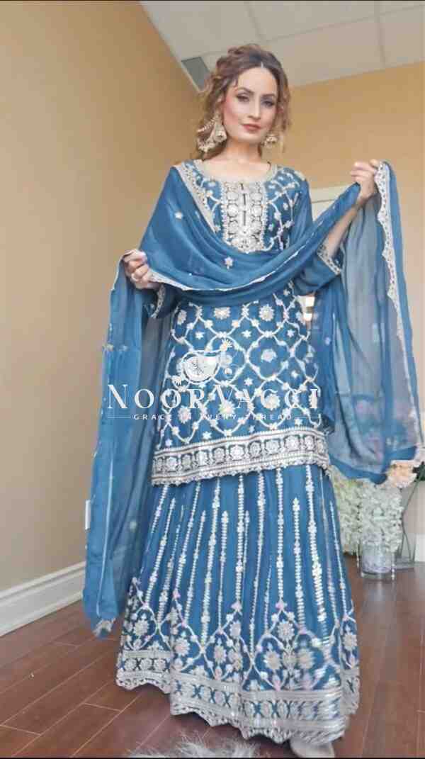 Elegant Chinnon Silk Plazzo Suit with Heavy Coding Sequence Embroidery - Image 3