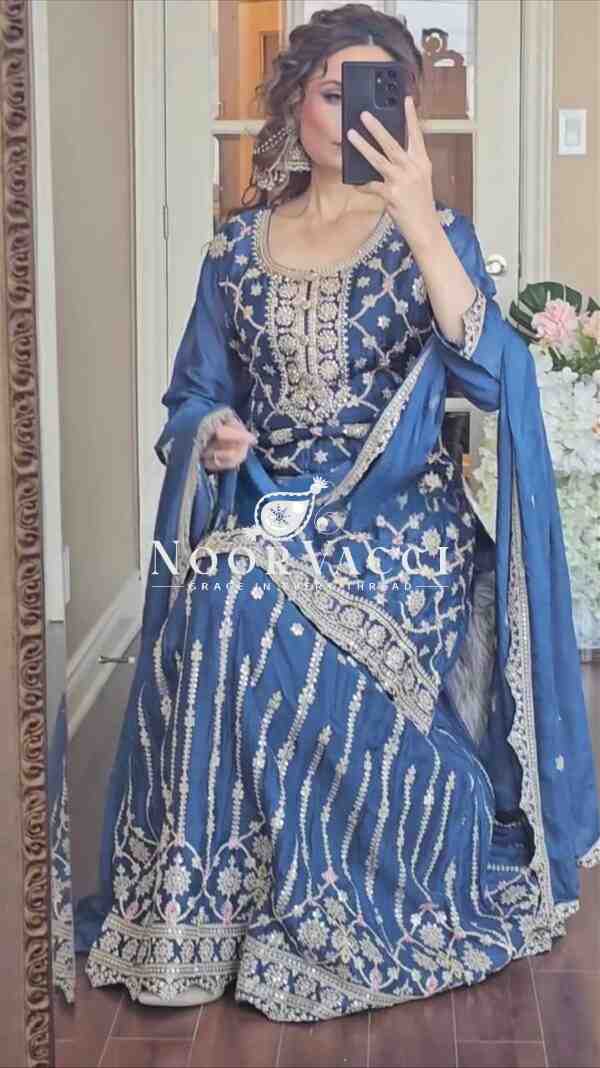 Elegant Chinnon Silk Plazzo Suit with Heavy Coding Sequence Embroidery - Image 4