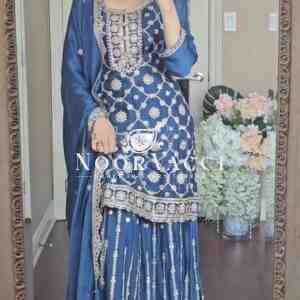 Elegant Chinnon Silk Plazzo Suit with Heavy Coding Sequence Embroidery