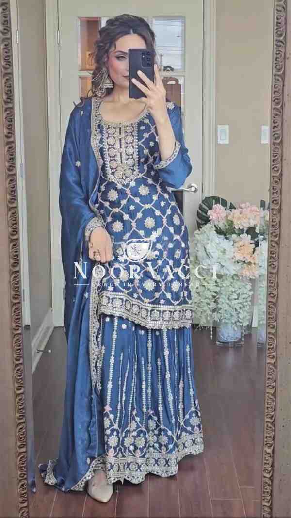 Elegant Chinnon Silk Plazzo Suit with Heavy Coding Sequence Embroidery