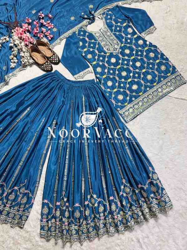 Elegant Chinnon Silk Plazzo Suit with Heavy Coding Sequence Embroidery - Image 5