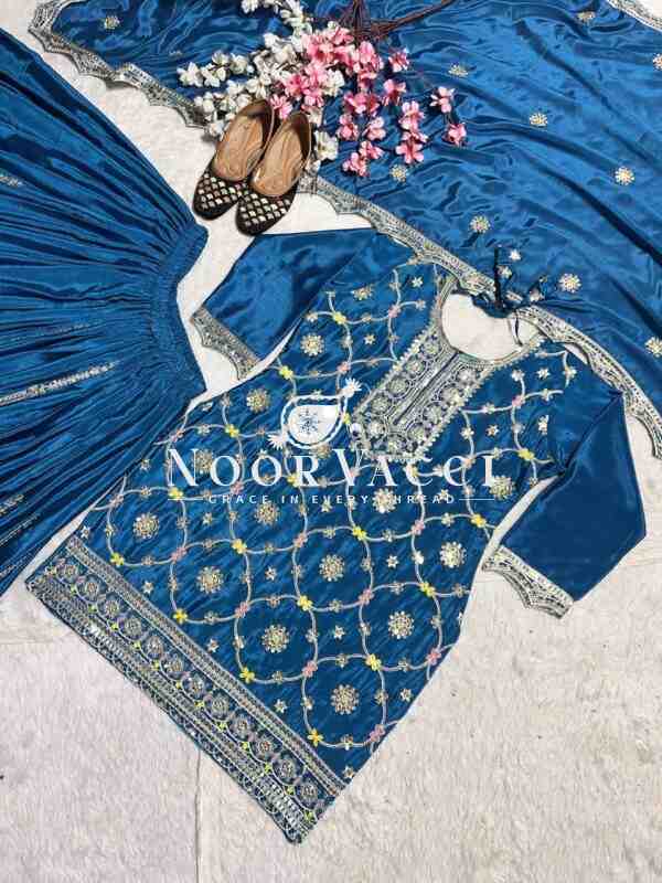 Elegant Chinnon Silk Plazzo Suit with Heavy Coding Sequence Embroidery - Image 8