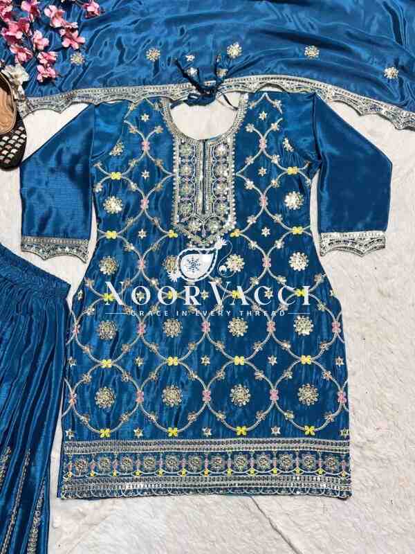 Elegant Chinnon Silk Plazzo Suit with Heavy Coding Sequence Embroidery - Image 6