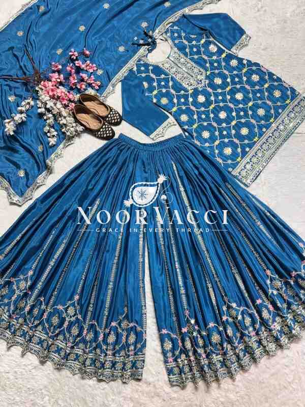 Elegant Chinnon Silk Plazzo Suit with Heavy Coding Sequence Embroidery - Image 7