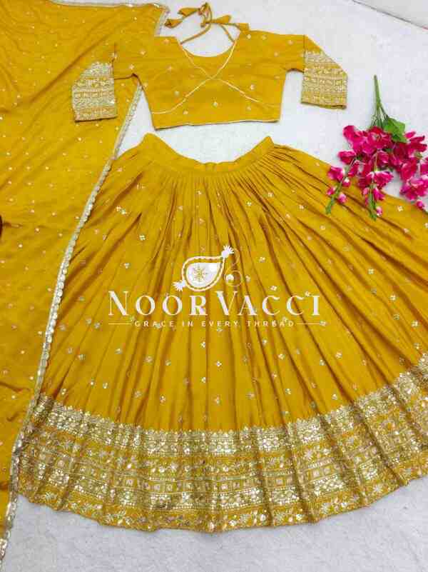 Slub Satin Silk Embroidered Lehenga Choli with Dupatta Set (Semi-Stitched) - Image 3