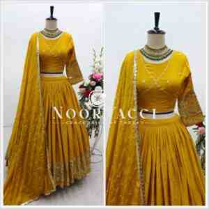 Slub Satin Silk Embroidered Lehenga Choli with Dupatta Set (Semi-Stitched)