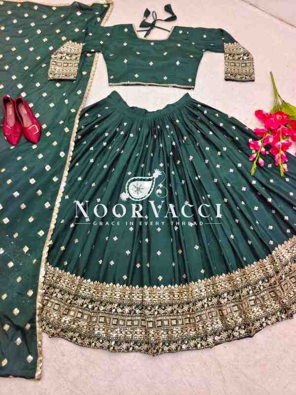Slub Satin Silk Embroidered Lehenga Choli with Dupatta Set (Semi-Stitched) - Image 3