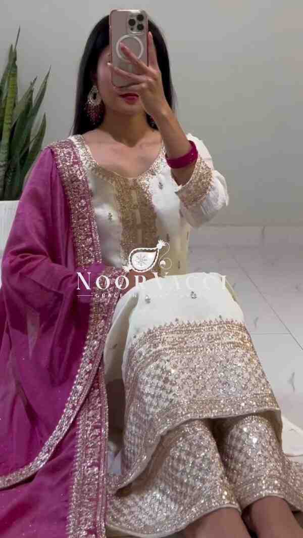 Chinnon Silk Embroidered Pant Set with Dupatta - Image 2