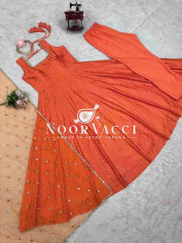 Jequard Silk Top with Cotton Micro Pent and Butterfly Net Dupatta - Image 9