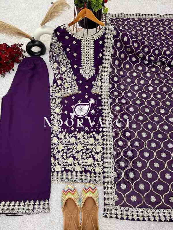 Faux Georgette Embroidered Plazzo Set with Dupatta - Image 4