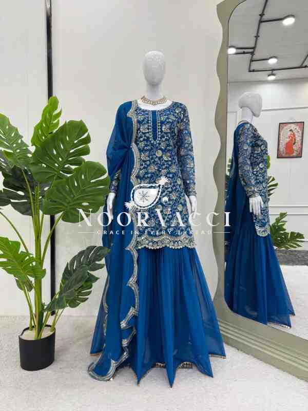 Faux Georgette Embroidered Sharara Set with Dupatta - Image 5