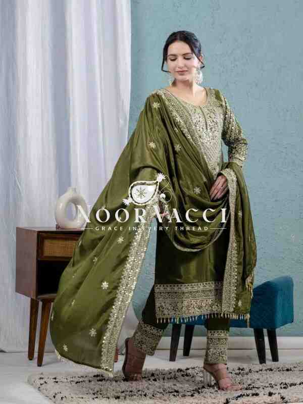 Pure Heavy Chinnon Silk Embroidered Suit with Dupatta and Stitched Pant Set - Image 5