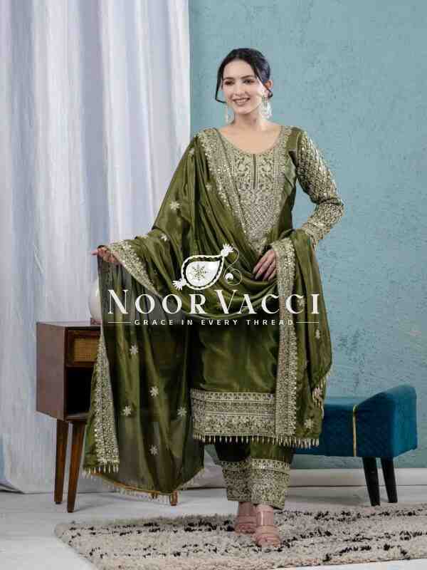 Pure Heavy Chinnon Silk Embroidered Suit with Dupatta and Stitched Pant Set - Image 2