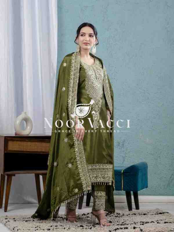 Pure Heavy Chinnon Silk Embroidered Suit with Dupatta and Stitched Pant Set - Image 4