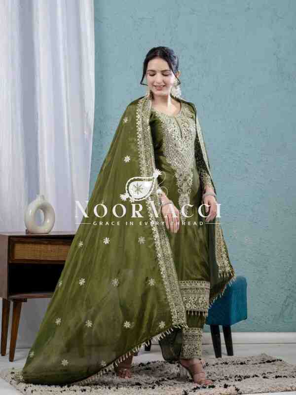 Pure Heavy Chinnon Silk Embroidered Suit with Dupatta and Stitched Pant Set - Image 6