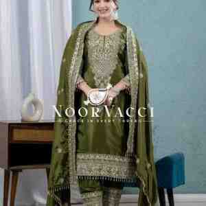 Pure Heavy Chinnon Silk Embroidered Suit with Dupatta and Stitched Pant Set