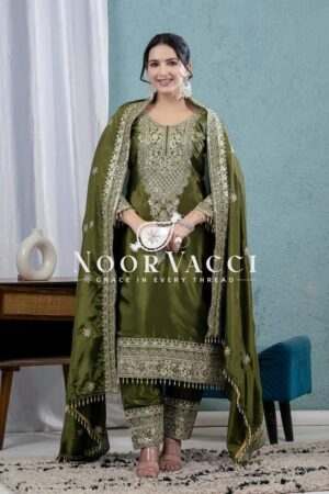 Buy Pure Heavy Chinnon Silk Embroidered Suit with Dupatta and Stitched Pant Set